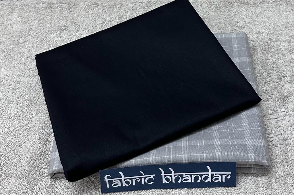 Black Egyptian Giza Cotton Shirt Fabric with Steel Grey Checks Pant Fabric Combo Starting at - Just Rs. 999! with Free Shipping & COD Options