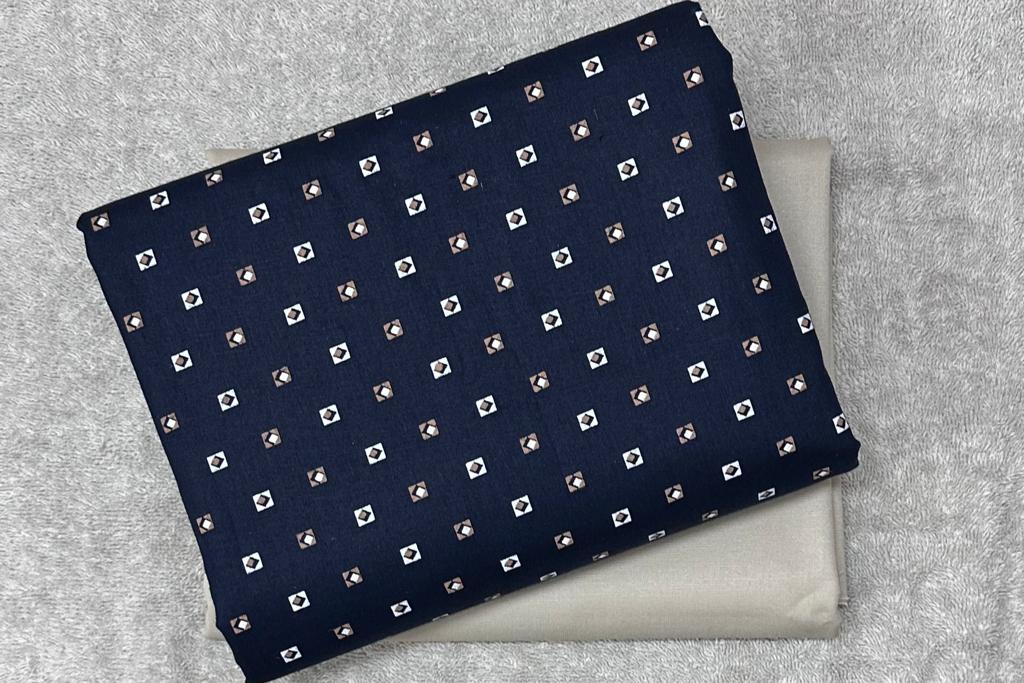 Navy Blue Printed Cotton Shirt Fabric with Khaki Pant Fabric Combo Starting at - Just Rs. 799! with Free Shipping & COD Options