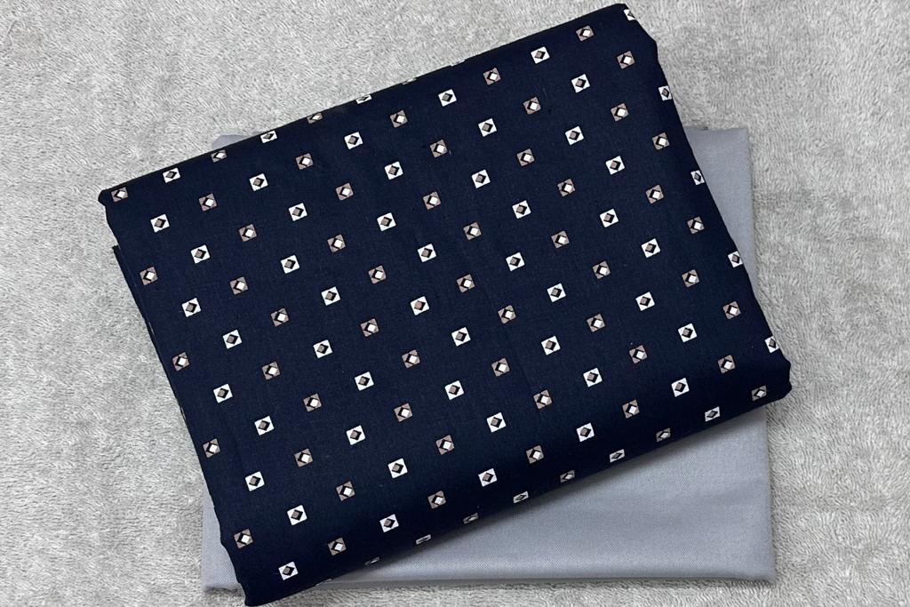 Navy Blue Printed Cotton Shirt Fabric with Light Grey Pant Fabric Combo Starting at - Just Rs. 799! with Free Shipping & COD Options