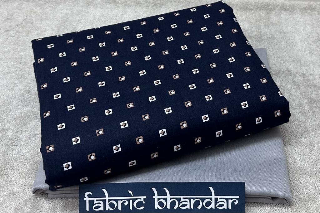 Navy Blue Printed Cotton Shirt Fabric with Light Grey Pant Fabric Combo Starting at - Just Rs. 799! with Free Shipping & COD Options