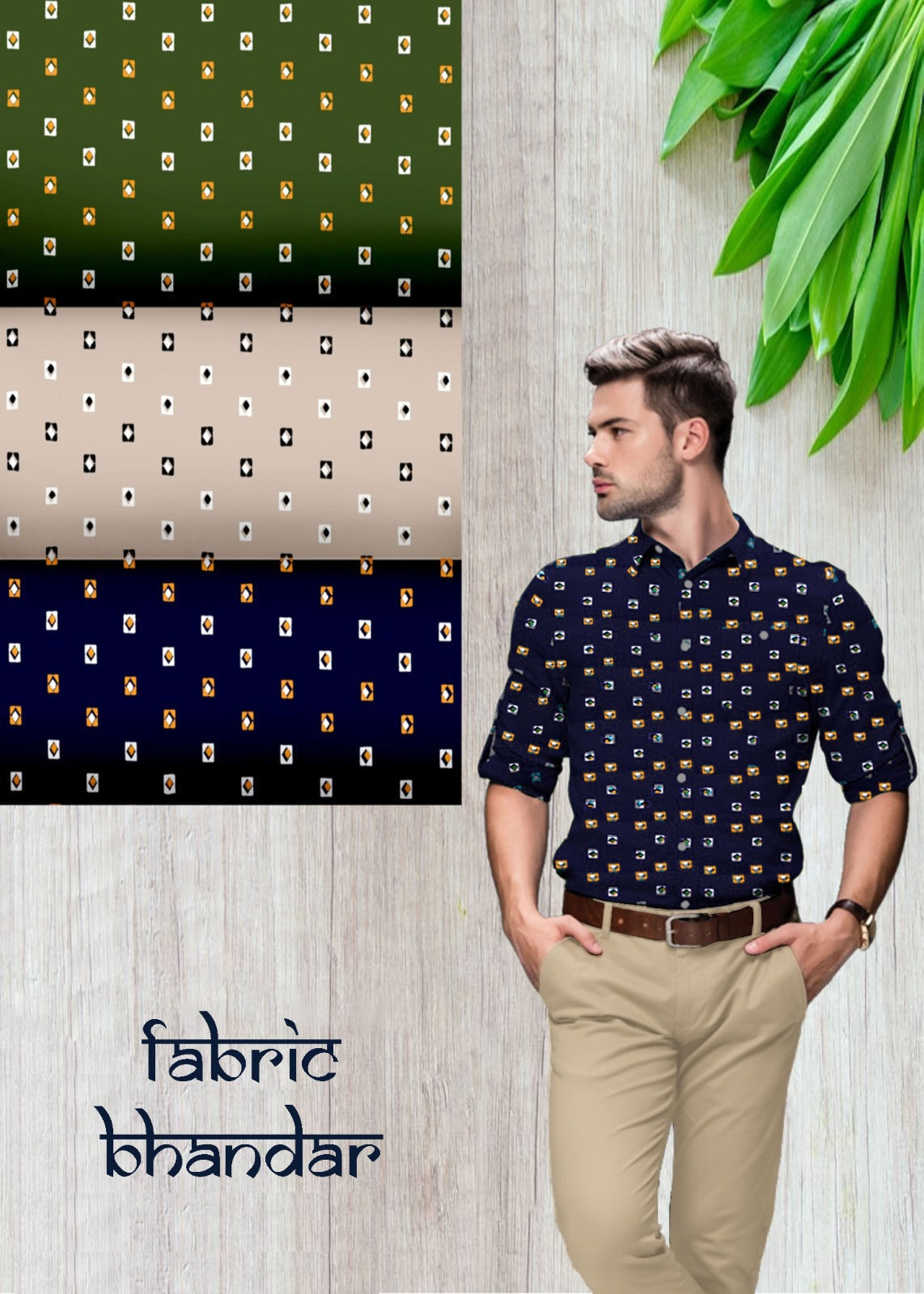 Navy Blue Printed Cotton Shirt Fabric with Khaki Pant Fabric Combo Starting at - Just Rs. 799! with Free Shipping & COD Options