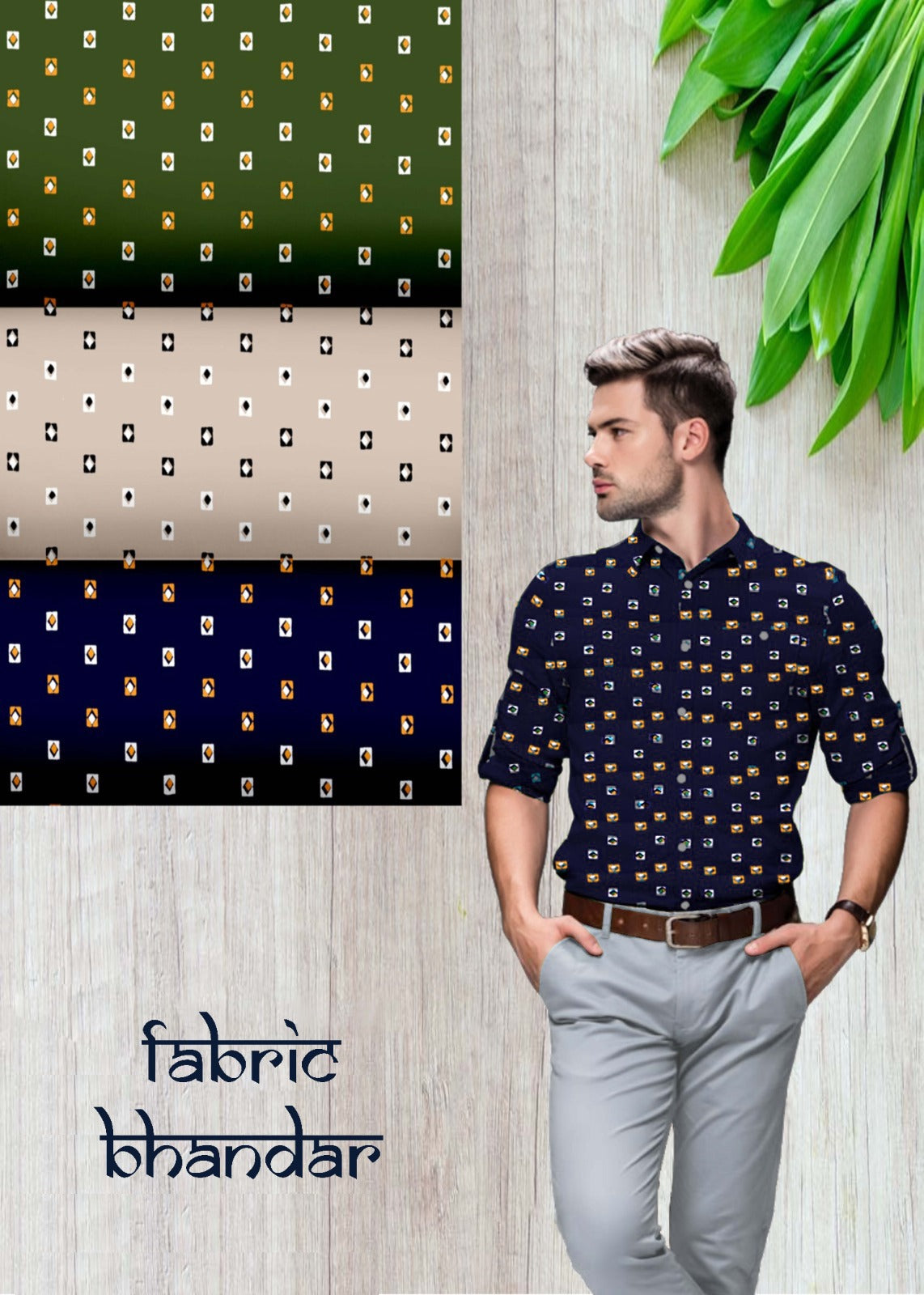 Navy Blue Printed Cotton Shirt Fabric with Light Grey Pant Fabric Combo Starting at - Just Rs. 799! with Free Shipping & COD Options