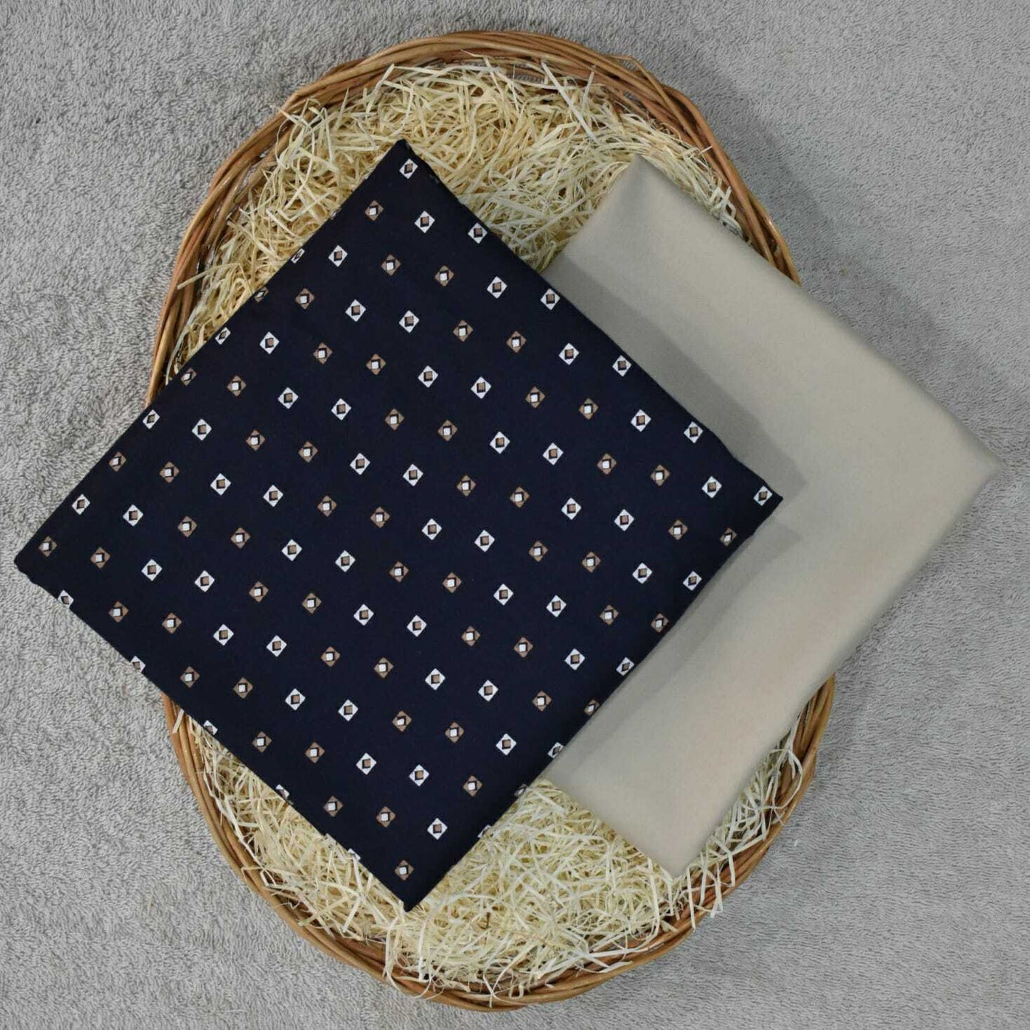 Navy Blue Printed Cotton Shirt Fabric with Khaki Pant Fabric Combo Starting at - Just Rs. 799! with Free Shipping & COD Options
