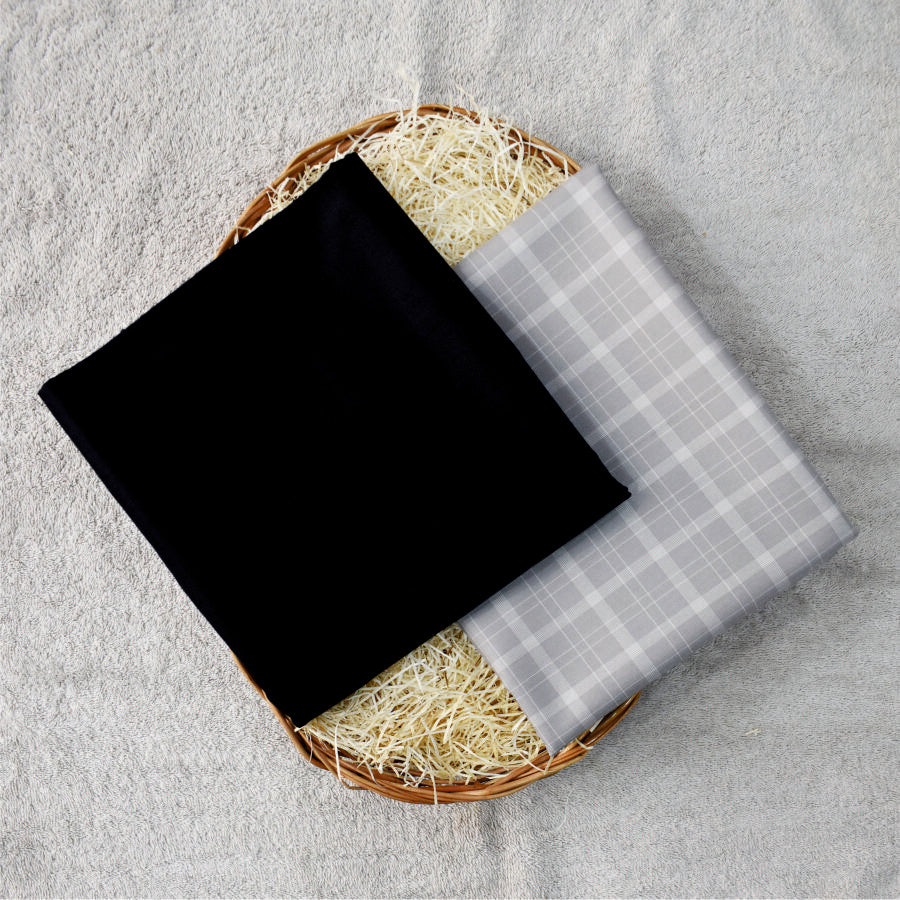 Black Egyptian Giza Cotton Shirt Fabric with Steel Grey Checks Pant Fabric Combo Starting at - Just Rs. 999! with Free Shipping & COD Options