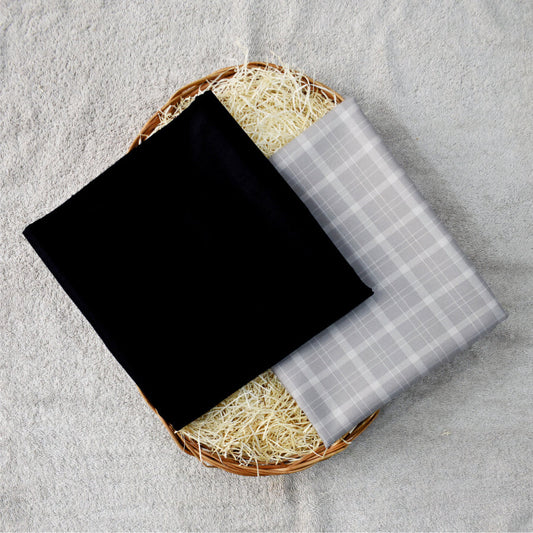 Black Egyptian Giza Cotton Shirt Fabric with Steel Grey Checks Pant Fabric Combo Starting at - Just Rs. 999! with Free Shipping & COD Options