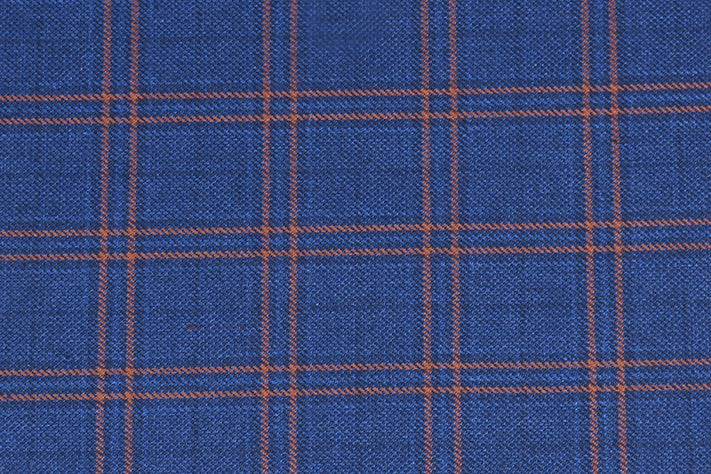 Sapphire Blue Tweed Fabric with Orange Big Checks ( 2 Meter Cut Piece) Starting at - Just Rs. 1199! with Free Shipping & COD Options
