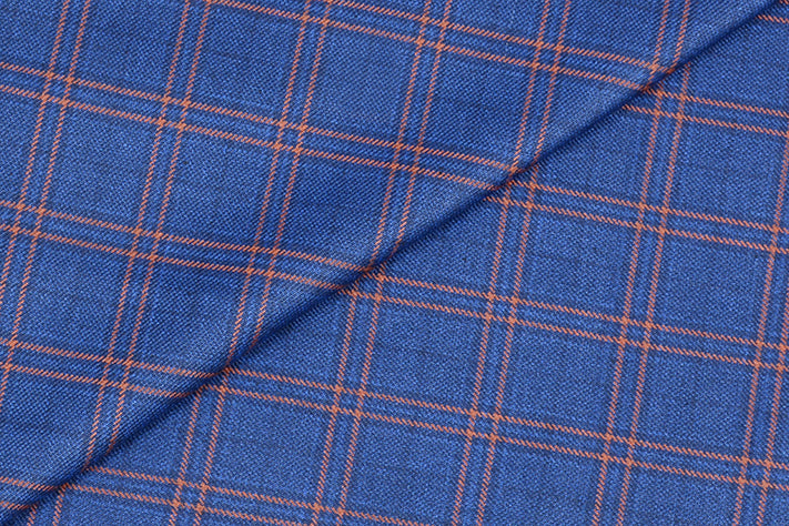 Sapphire Blue Tweed Fabric with Orange Big Checks ( 2 Meter Cut Piece) Starting at - Just Rs. 1199! with Free Shipping & COD Options