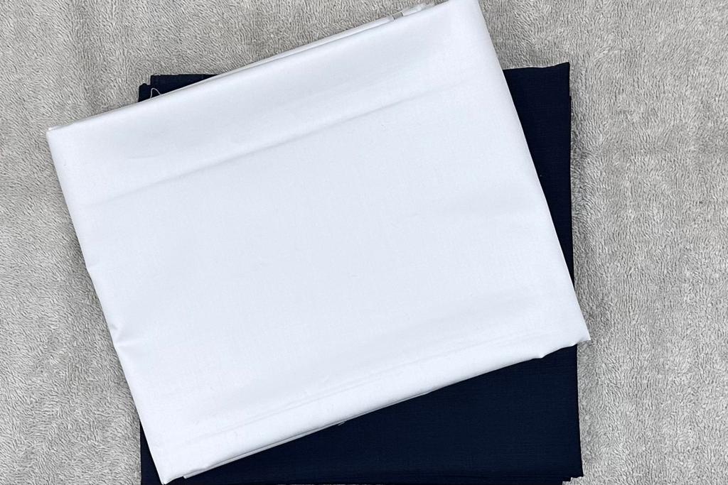 White Egyptian Giza Cotton Shirt Fabric with Navy Blue Fully Stretchable Pant Fabric Combo Starting at - Just Rs. 1199! with Free Shipping & COD Options