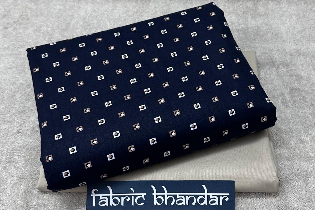 Navy Blue Printed Cotton Shirt Fabric with Khaki Pant Fabric Combo Starting at - Just Rs. 999! with Free Shipping & COD Options