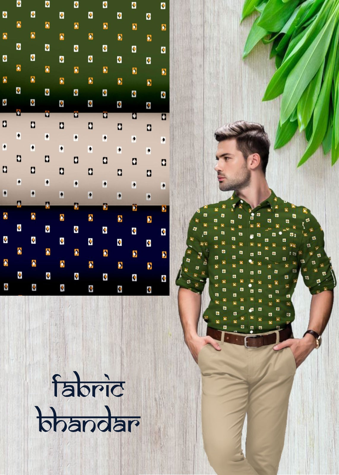 Bottle Green Printed Cotton Shirt Fabric with Khaki Pant Fabric Combo Starting at - Just Rs. 999! with Free Shipping & COD Options