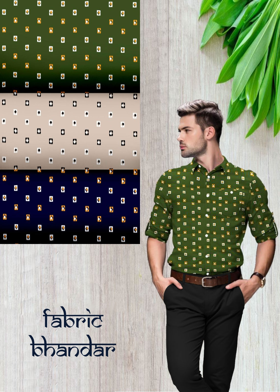Bottle Green Printed Cotton Shirt Fabric with Black Pant Fabric Combo Starting at - Just Rs. 999! with Free Shipping & COD Options