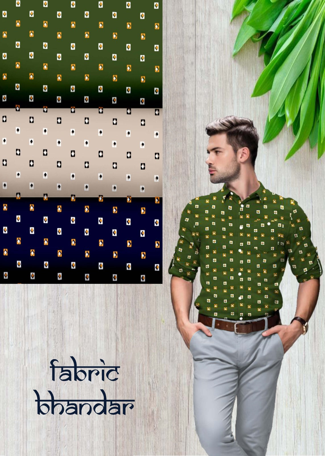 Bottle Green Printed Cotton Shirt Fabric with Light Grey Pant Fabric Combo Starting at - Just Rs. 999! with Free Shipping & COD Options