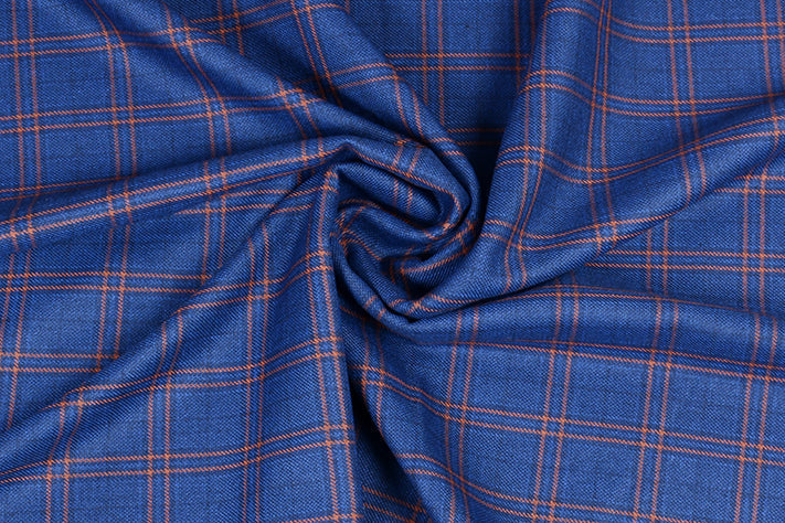 Sapphire Blue Tweed Fabric with Orange Big Checks ( 2 Meter Cut Piece) Starting at - Just Rs. 1199! with Free Shipping & COD Options