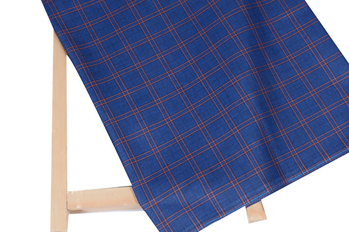 Sapphire Blue Tweed Fabric with Orange Big Checks ( 2 Meter Cut Piece) Starting at - Just Rs. 1199! with Free Shipping & COD Options