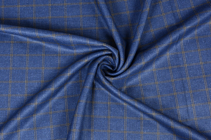 Dark Blue Tweed Fabric with Big Gold Checks ( 2 Meter Cut Piece) Starting at - Just Rs. 1199! with Free Shipping & COD Options