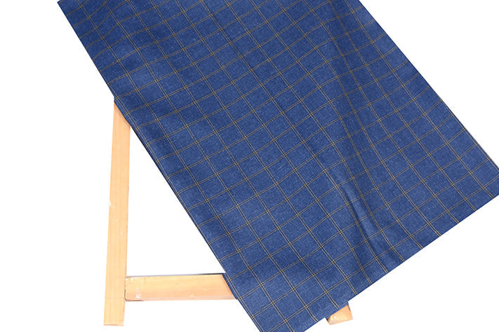 Dark Blue Tweed Fabric with Big Gold Checks ( 2 Meter Cut Piece) Starting at - Just Rs. 1199! with Free Shipping & COD Options