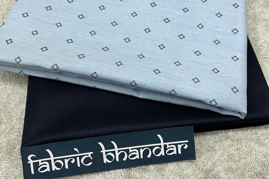 Light Blue Ultra Soft Cotton Digital Printed Shirt Fabric with Navy Blue Stretchable Lycra Trouser Fabric Starting at - Just Rs. 1199! with Free Shipping & COD Options